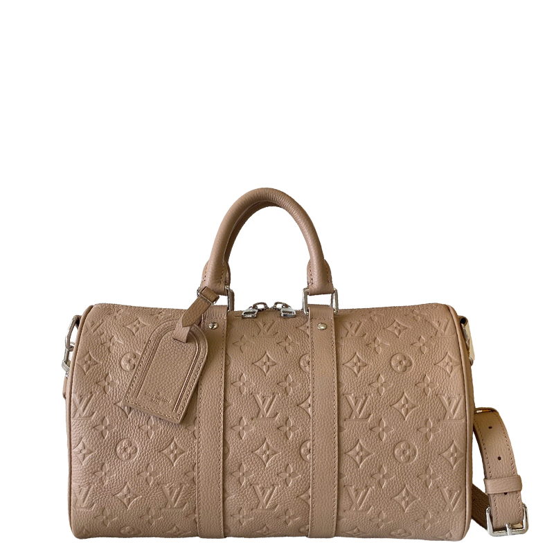 Louis Vuitton Embossed Leather Keepall Bandoulière Bag in Beige for Luxury Travel and Style