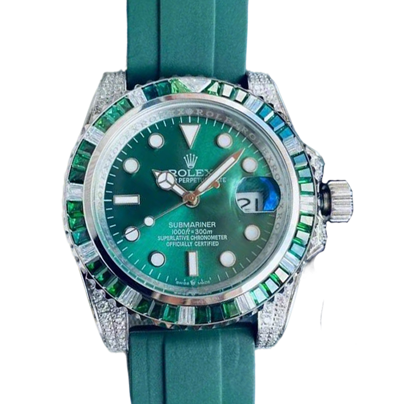 Luxury Rolex Submariner Watch With Green Dial Gem - Set Bezel And Rubber Strap