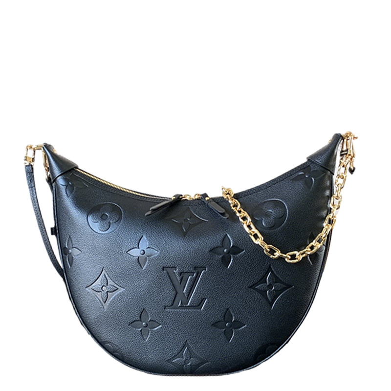 Louis Vuitton Black Embossed Leather Moon Bag With Gold Chain Stylish Luxury Shoulder Accessory