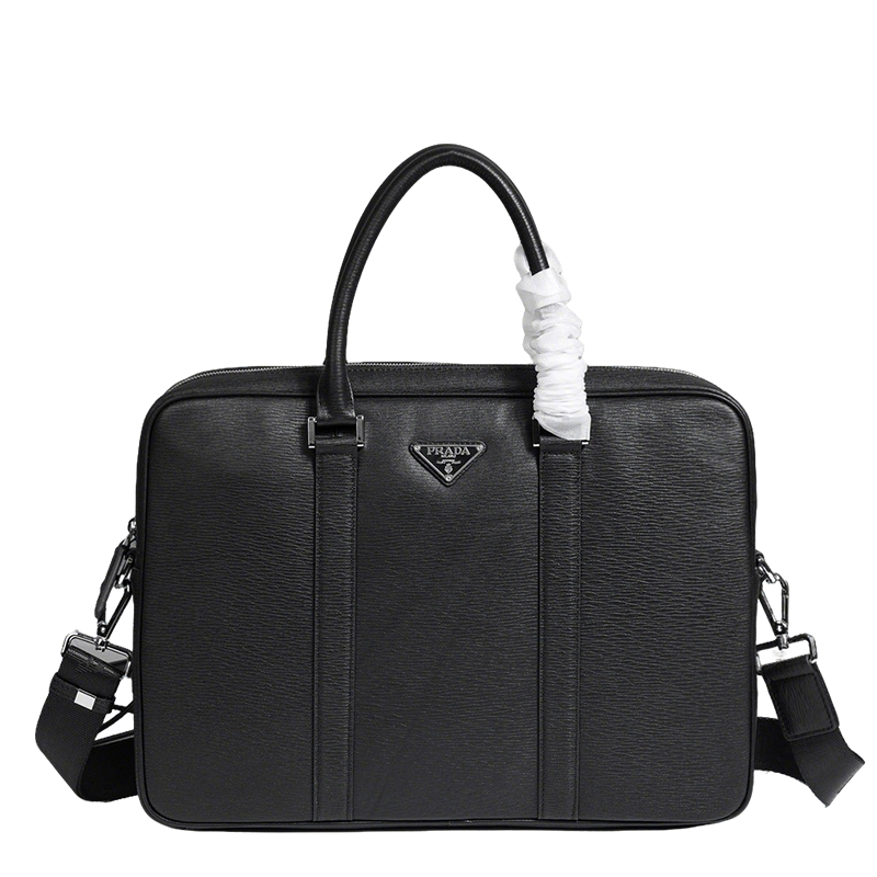 Prada Black Leather Briefcase With Iconic Logo For Professional Style P5183-1