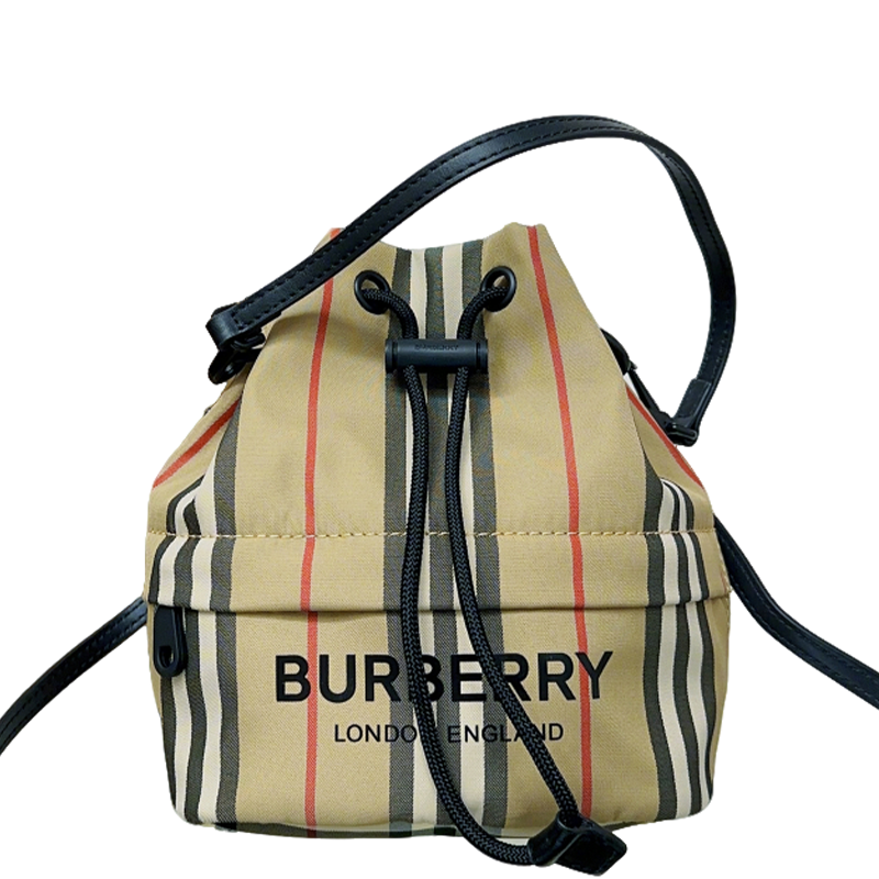 Classic Beige Burberry Striped Bucket Bag With Drawstring Closure And Leather Straps Style No.1151