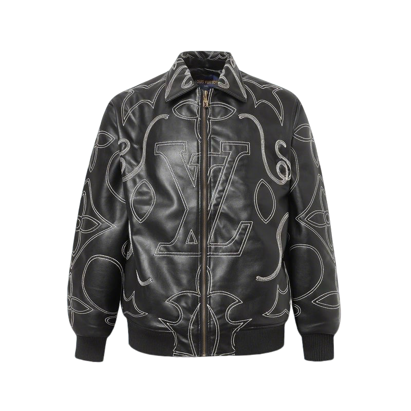 Louis Vuitton Black Leather Jacket With White Stitched Monogram Patterns