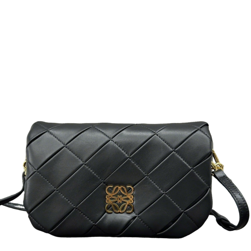 Loewe Puffer Goya Black Quilted Leather Crossbody Bag With Gold Logo Accent 062465