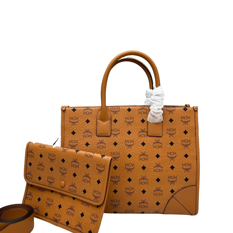 MCM Brown Visetos Coated Canvas Tote Set With Matching Pouch 273815