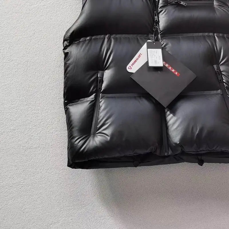 Prada Men's Black Puffer Vest With Brand Details And Zipper Pockets