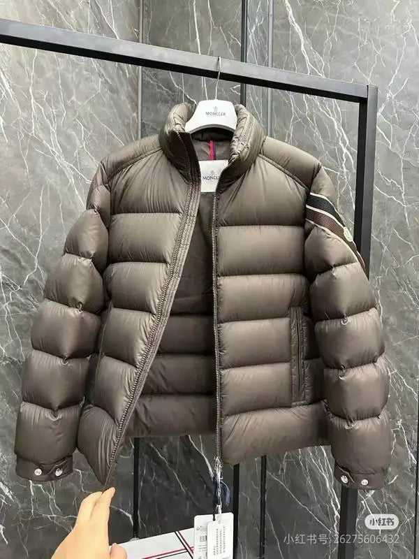 Moncler Men's Brown Quilted Down Jacket With Stand Collar And Sleeve Stripes