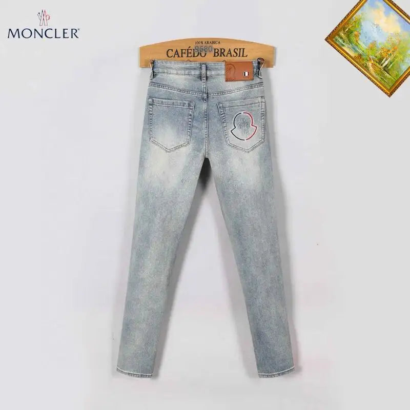 Moncler Men's Jeans in Light Shade with Distinctive Logo Embroidery