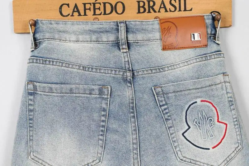 Moncler Men's Jeans in Light Shade with Distinctive Logo Embroidery