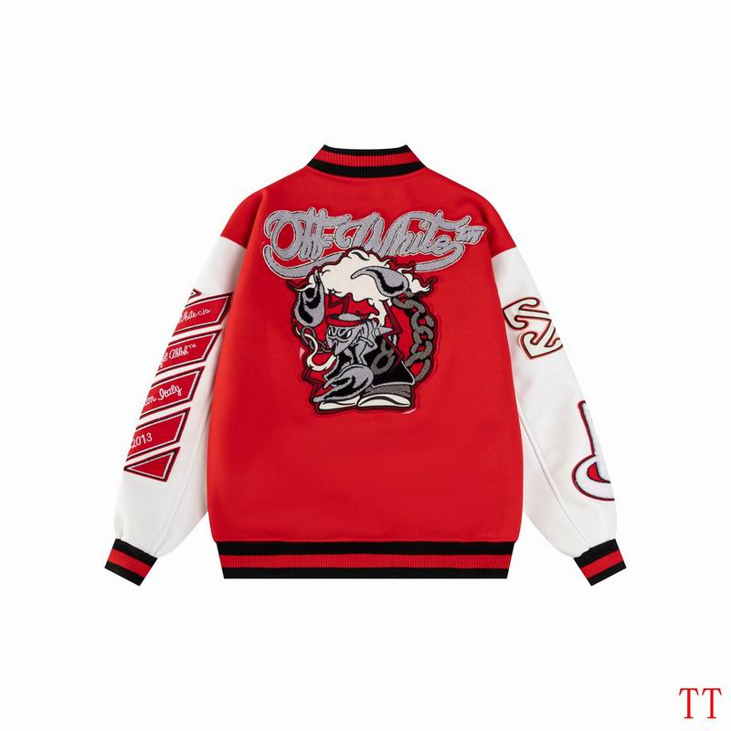 Off - White Red And White Varsity Jacket With Embroidered Graphics