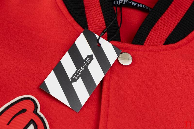 Off - White Red And White Varsity Jacket With Embroidered Graphics