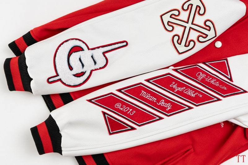 Off - White Red And White Varsity Jacket With Embroidered Graphics