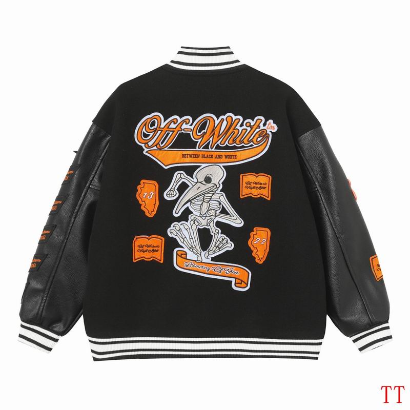 Off-White Black Varsity Jacket With Orange Patches And Leather Sleeves