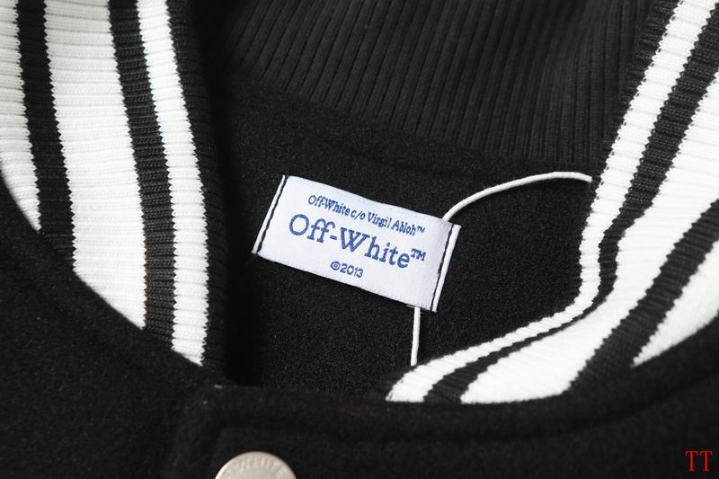 Off-White Black Varsity Jacket With Orange Patches And Leather Sleeves