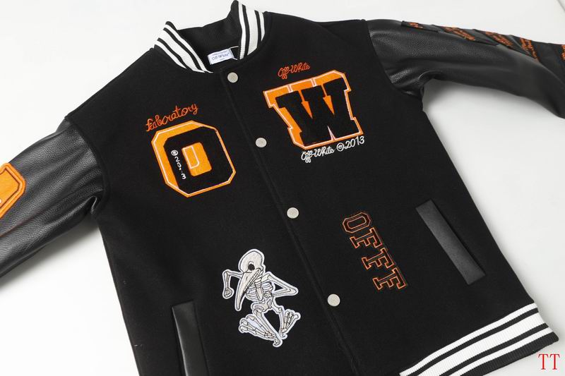 Off-White Black Varsity Jacket With Orange Patches And Leather Sleeves