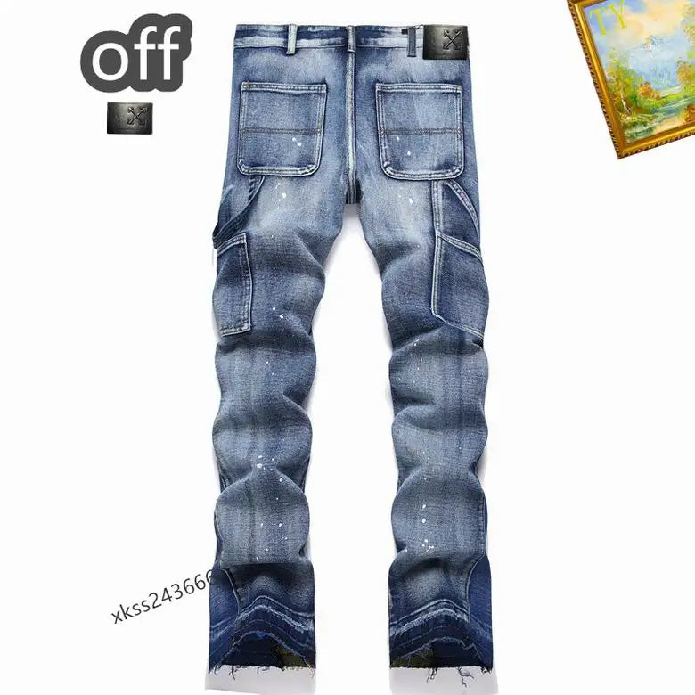 Off - White Men's Jeans With Artistic Paint Splatter And Patchwork Design