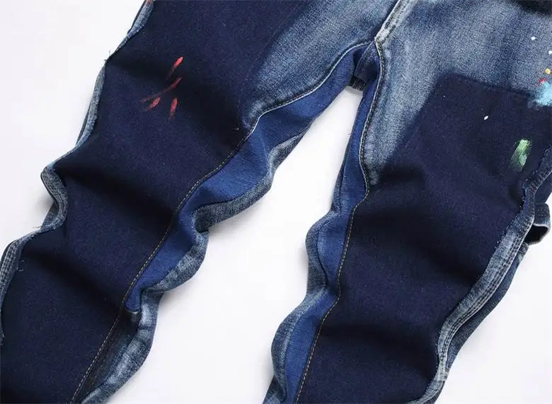 Off - White Men's Jeans With Artistic Paint Splatter And Patchwork Design