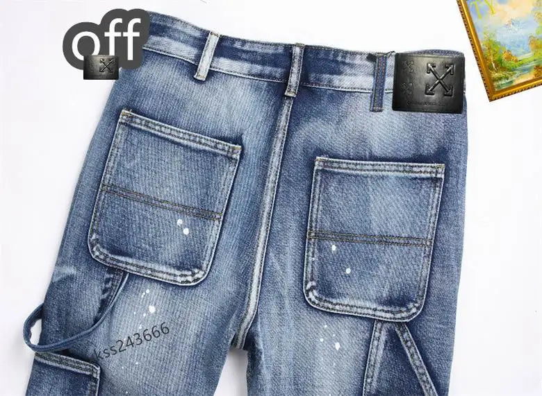Off - White Men's Jeans With Artistic Paint Splatter And Patchwork Design