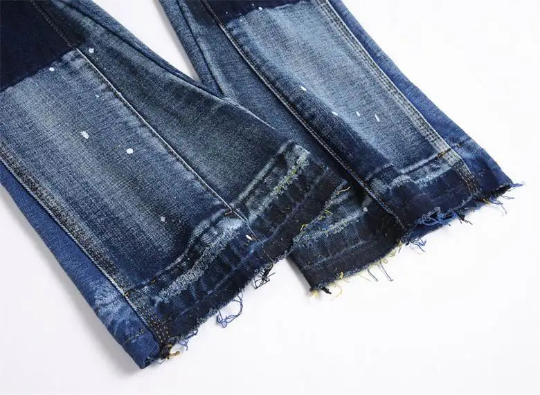 Off - White Men's Jeans With Artistic Paint Splatter And Patchwork Design