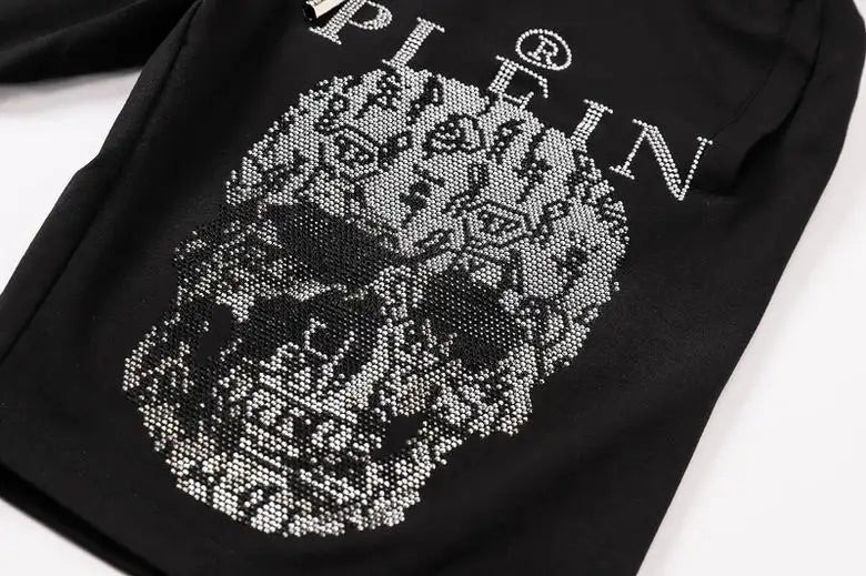 Philipp Plein Men's Black Shorts With Rhinestone Skull Logo
