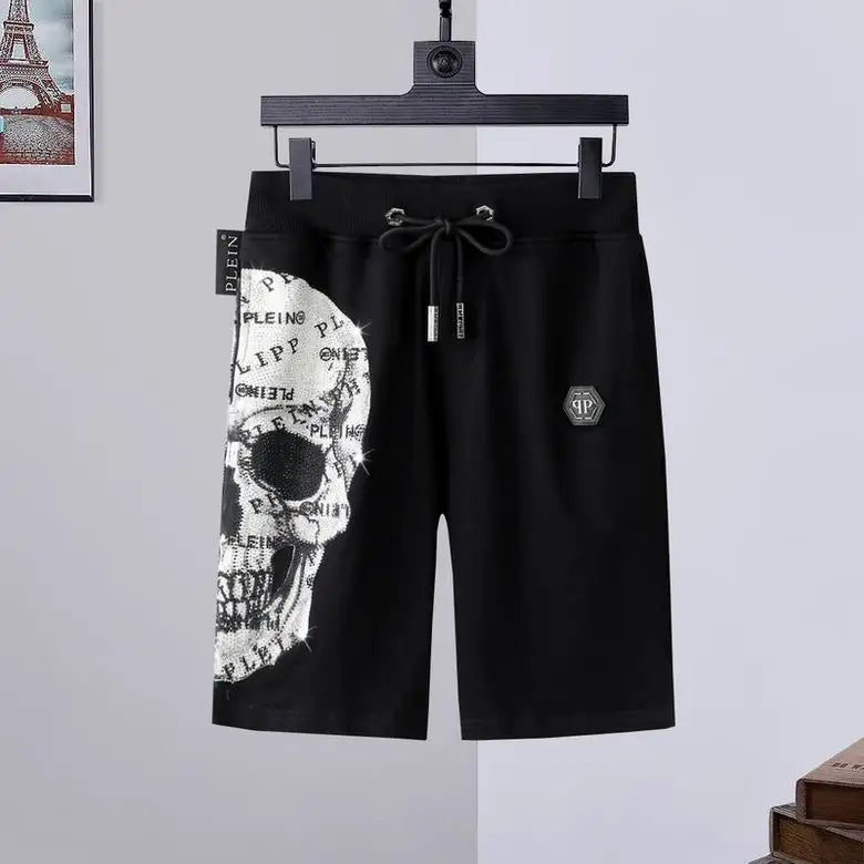 Philipp Plein Men's Black Shorts With Rhinestone Skull Print