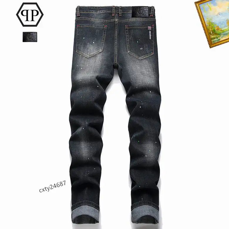 Philipp Plein Men's Distressed Denim Jeans With Skull Patch And Edgy Style