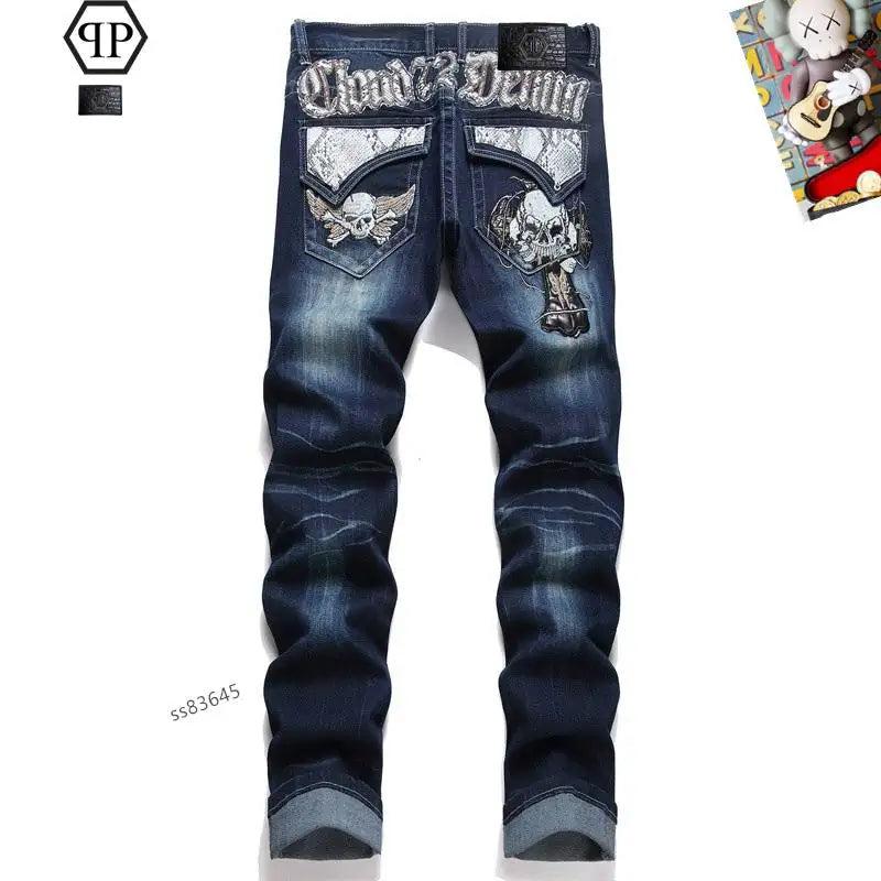 Philipp Plein Men's Dark Blue Denim Jeans With Embellished Pocket Detailing