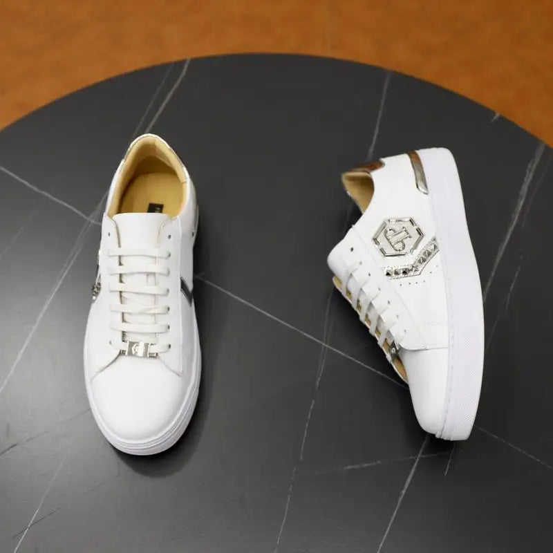 Philipp Plein White Leather Sneakers With Silver Logo Details