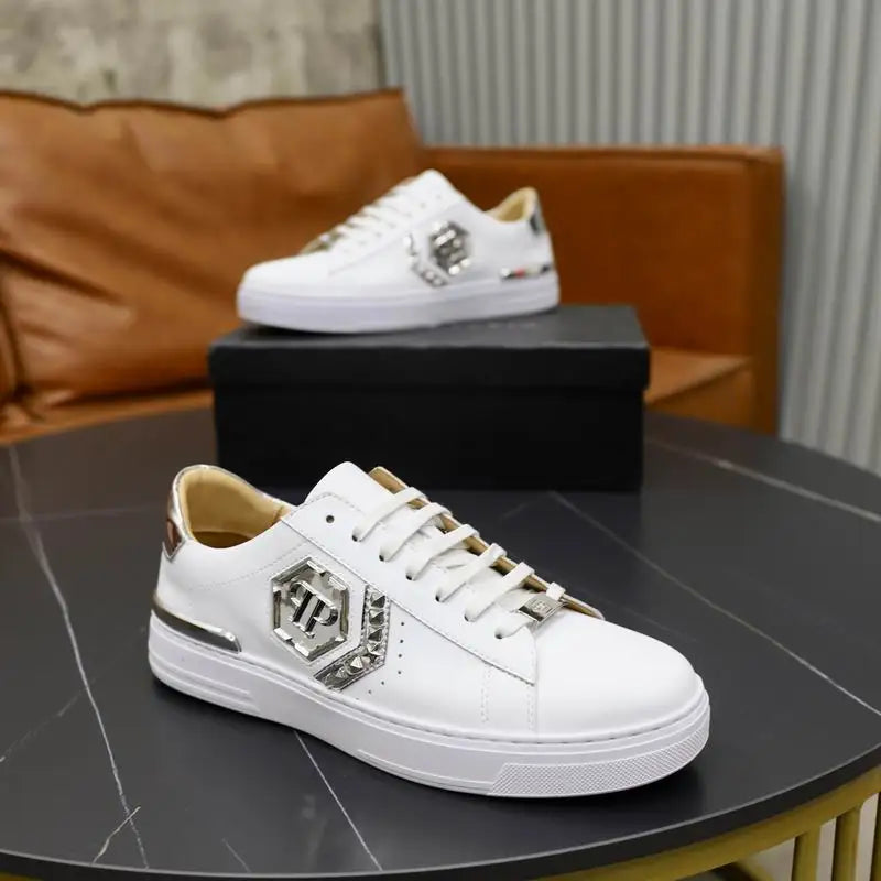 Philipp Plein White Leather Sneakers With Silver Logo Details