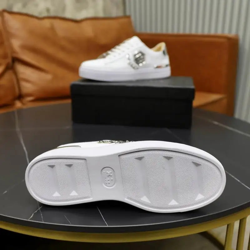 Philipp Plein White Leather Sneakers With Silver Logo Details