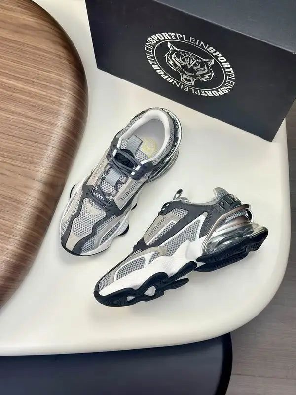 Philipp Plein Grey Mesh Athletic Sneakers With Transparent Heel Design