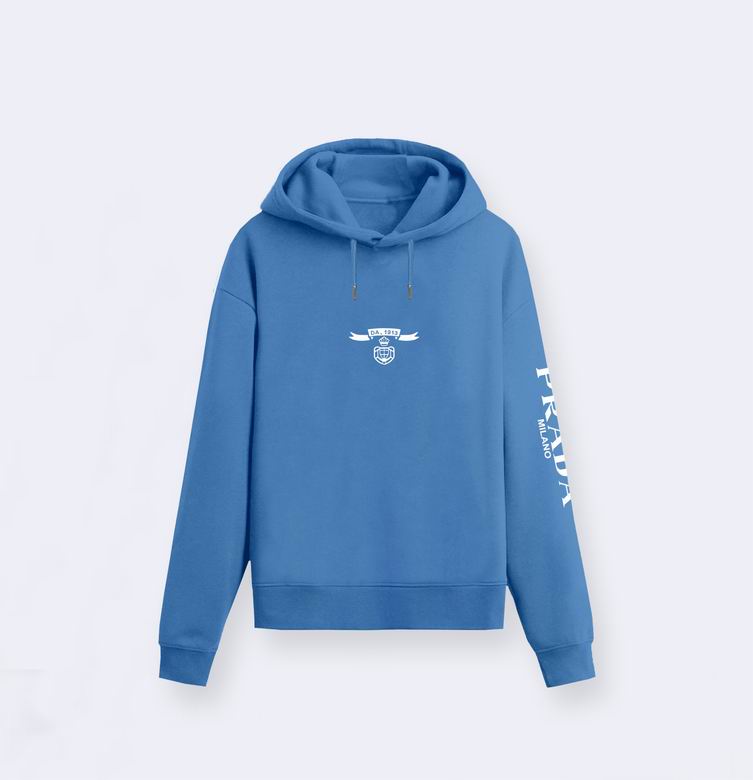 Prada Navy Blue Hoodie With Signature Logo Badge And Branding On Sleeve