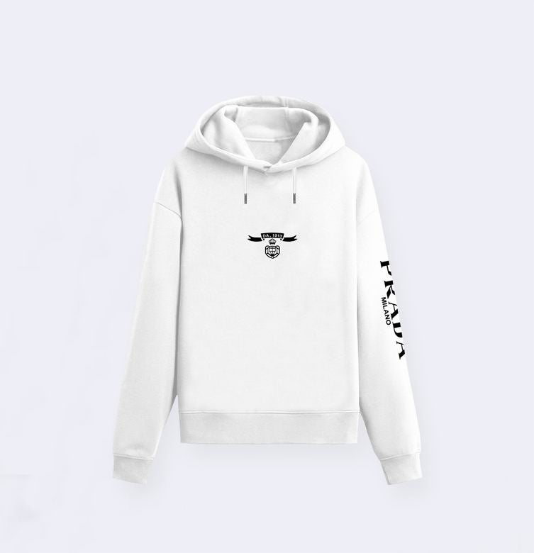 Prada Navy Blue Hoodie With Signature Logo Badge And Branding On Sleeve