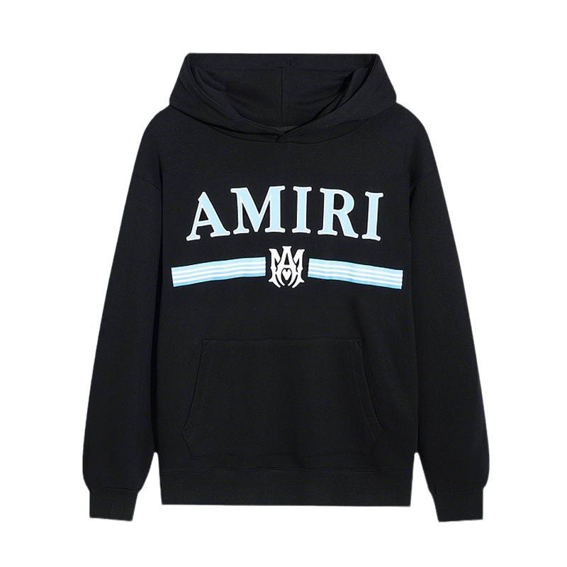 AMIRI Black/White Hoodie With Light Blue Logo And Stripe Design For Stylish Outfits
