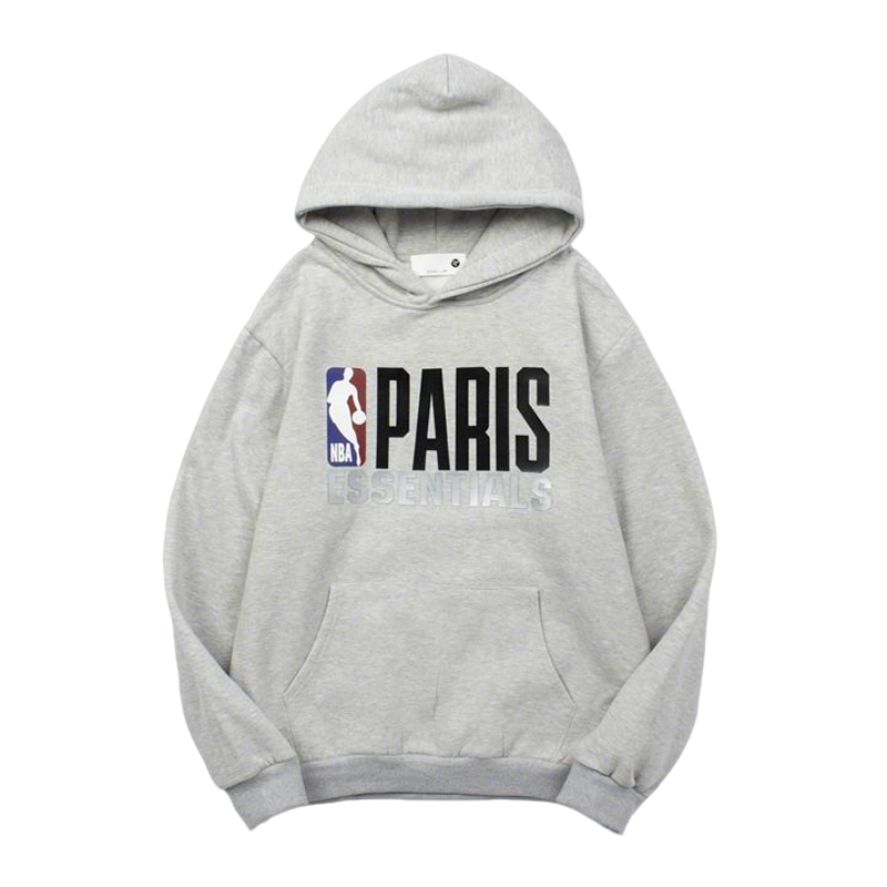 Fear Of God Grey Hoodie With NBA Paris Essentials Print For Sports Fashion Fans