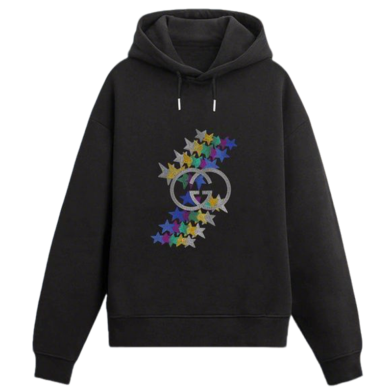 Gucci Black Hoodie With Colorful Star And Interlocking G Logo For Trendy Outfits
