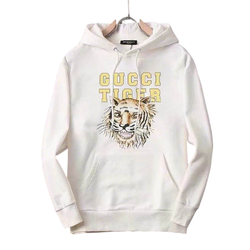 Gucci White/Black Hoodie With Tiger Graphic And Bold "GUCCI TIGER" Lettering For Fashion Fans