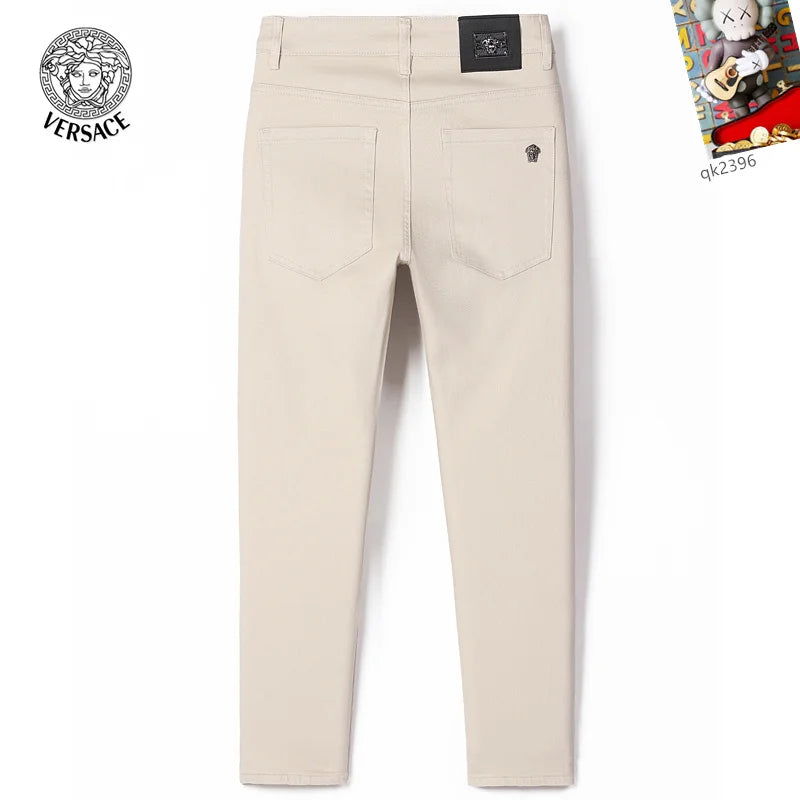 Versace Men's Beige Denim Jeans With Iconic Medusa Embroidery Detail