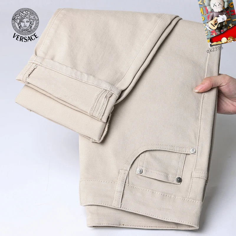 Versace Men's Beige Denim Jeans With Iconic Medusa Embroidery Detail