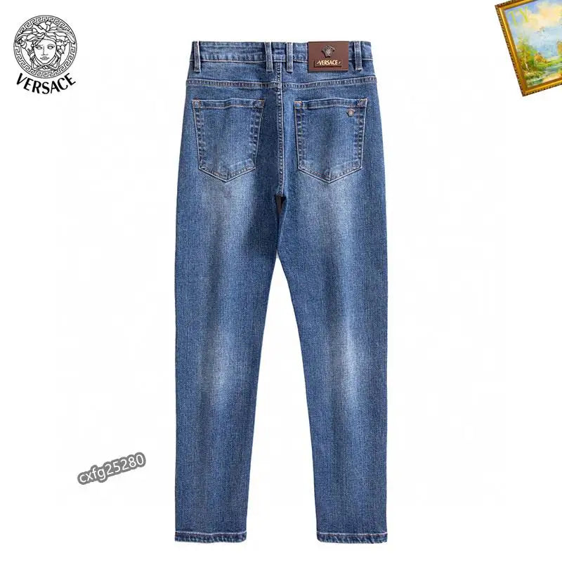 Versace Men's Blue Denim Jeans With Iconic Medusa Embroidery Detail