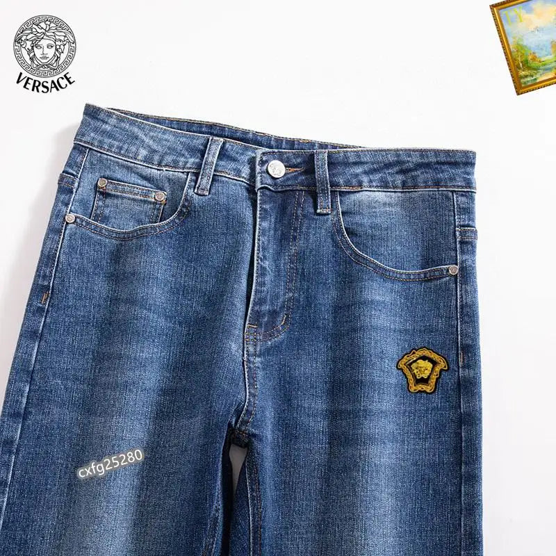 Versace Men's Blue Denim Jeans With Iconic Medusa Embroidery Detail