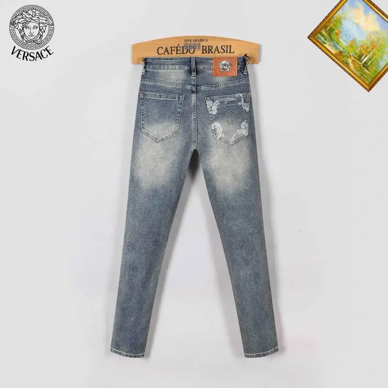 Versace Men's Light Wash Denim Jeans With Signature Embroidered Detail
