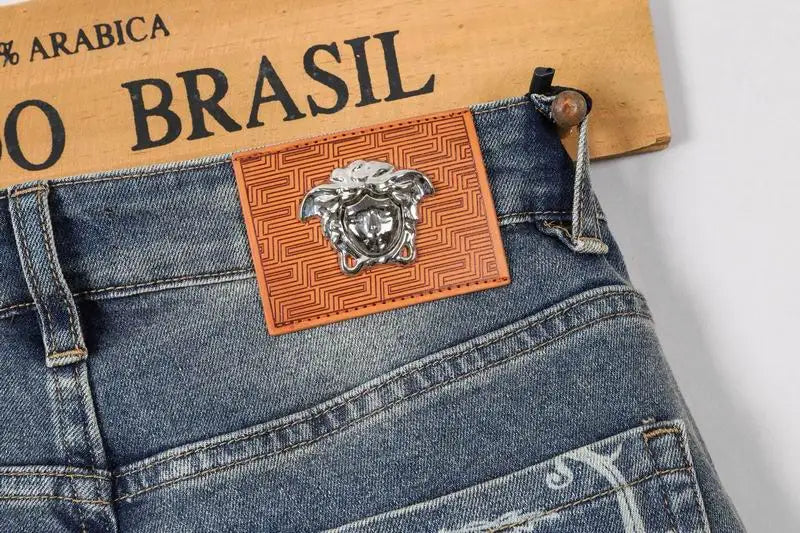 Versace Men's Light Wash Denim Jeans With Signature Embroidered Detail