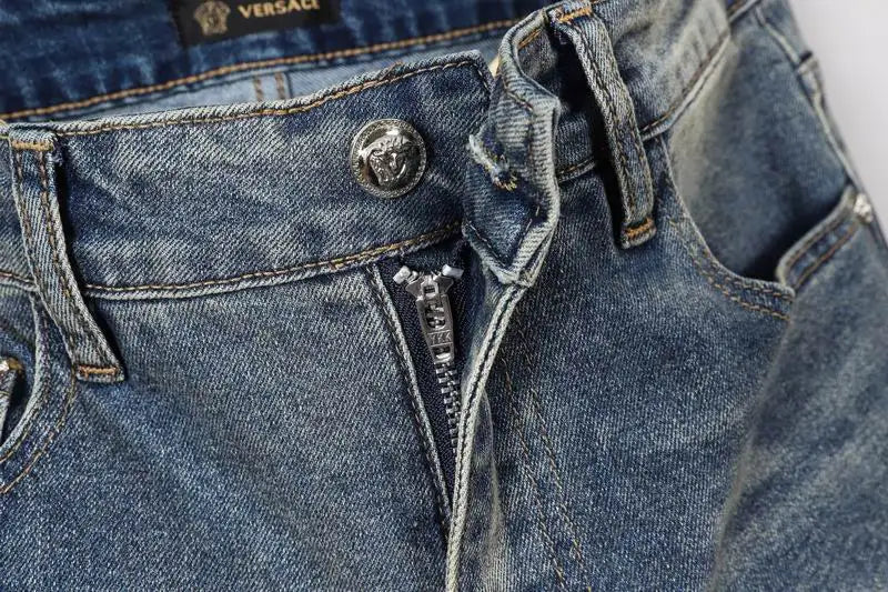 Versace Men's Light Wash Denim Jeans With Signature Embroidered Detail