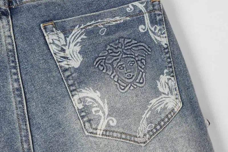 Versace Men's Light Wash Denim Jeans With Signature Embroidered Detail