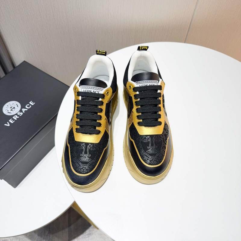 Versace Black And Gold Platform Sneakers With Medusa And Greek Key Motifs