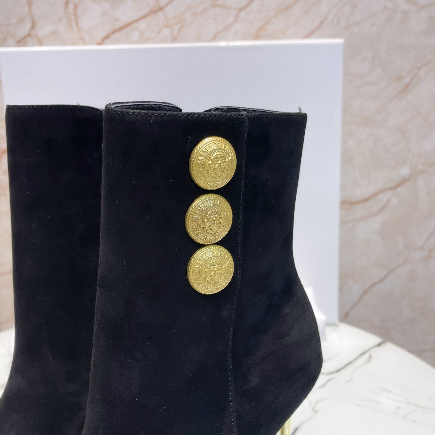 Balmain Black Suede Ankle Boots With Gold Button Detailing