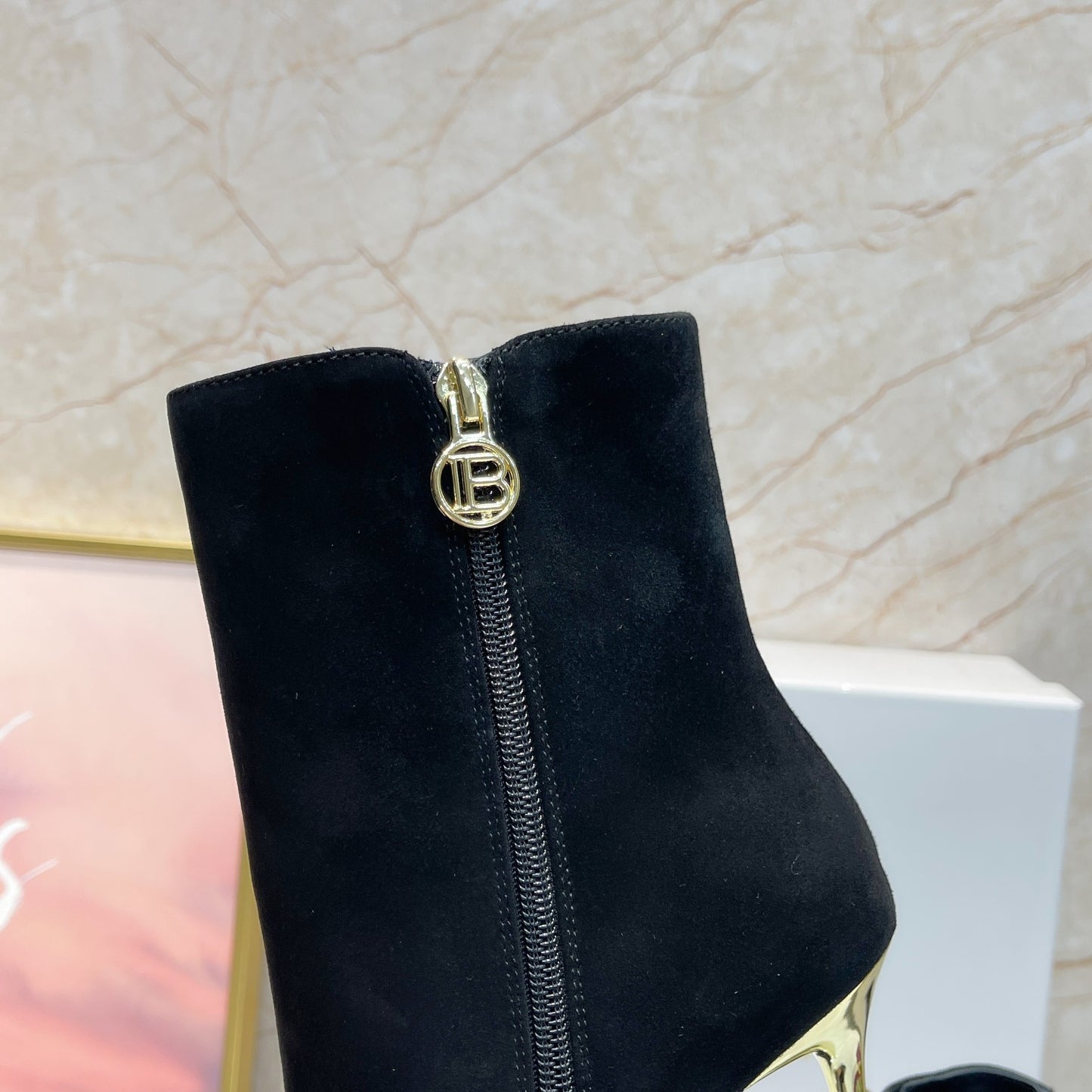 Balmain Black Suede Ankle Boots With Gold Button Detailing