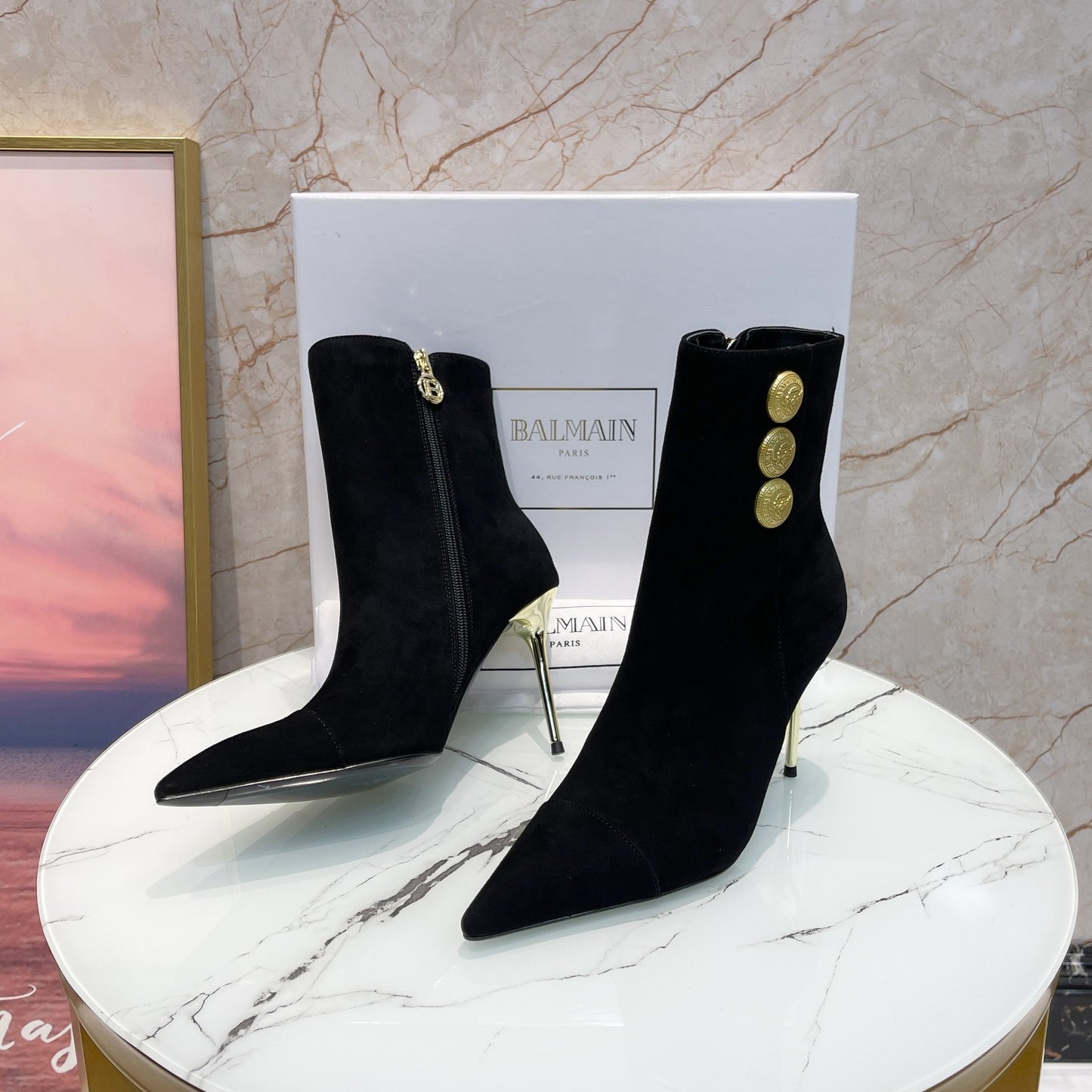 Balmain Black Suede Ankle Boots With Gold Button Detailing