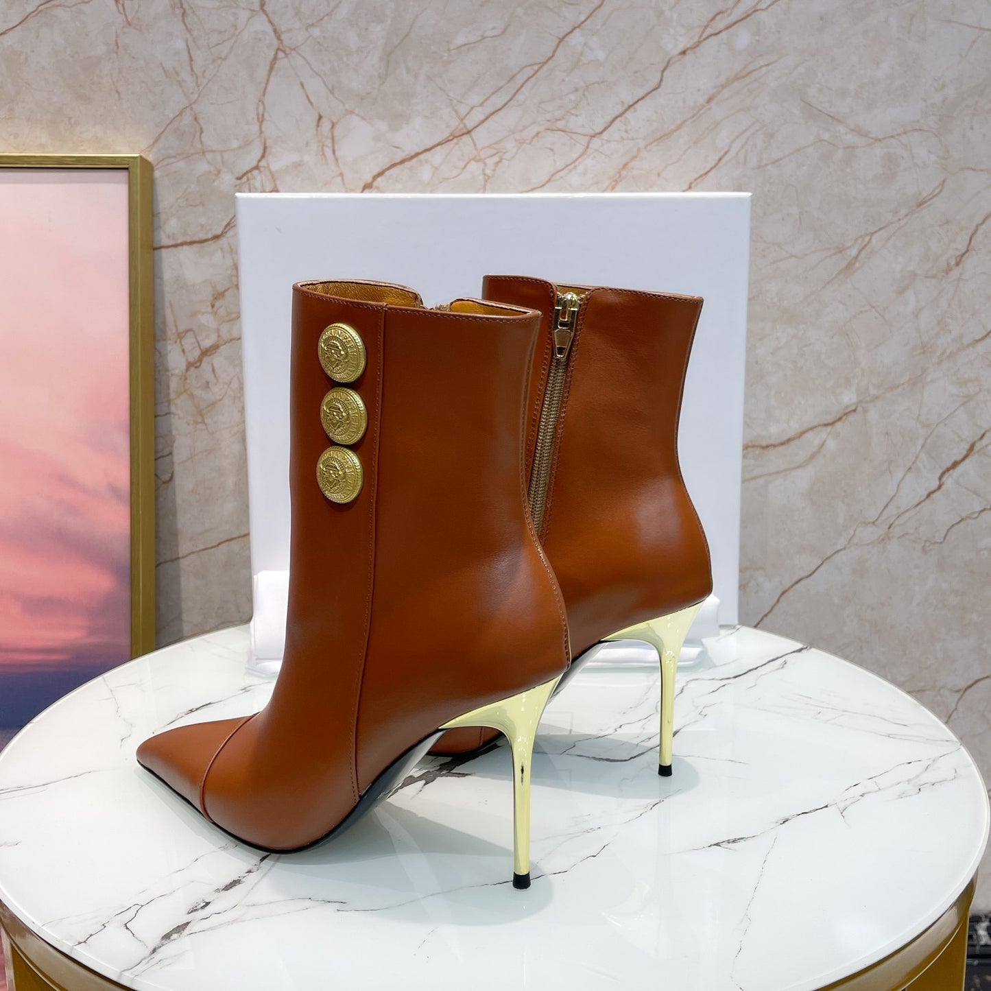 Balmain Brown Leather Ankle Boots With Gold Button Accents