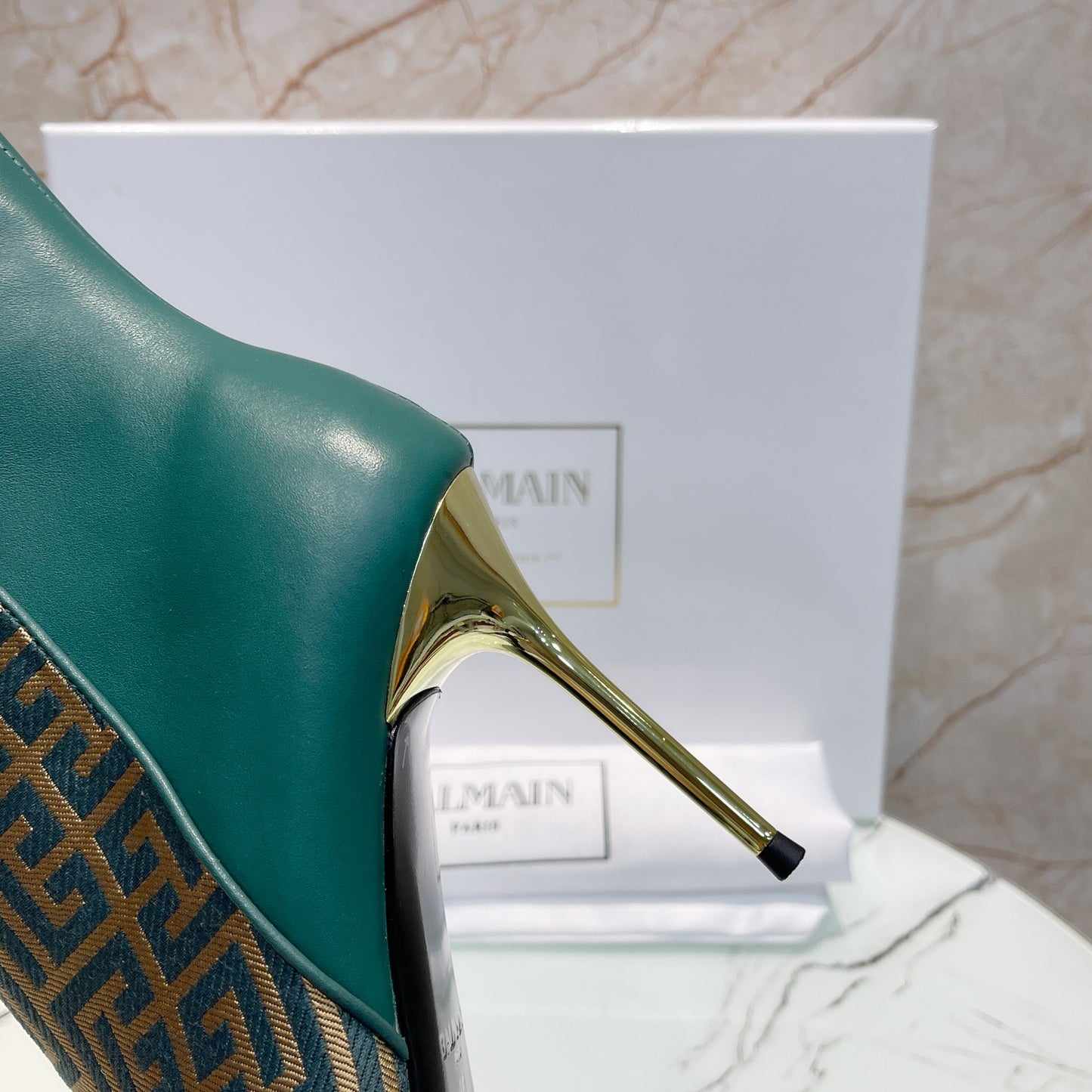 Balmain Green Leather And Monogram - Print Ankle Boots With Gold Buttons